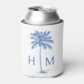 Blauw-witte palmboom Monogram Blikjeskoeler (Blikje Voorkant)