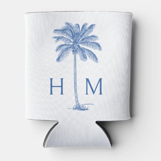 Blauw-witte palmboom Monogram Blikjeskoeler (Voorkant)