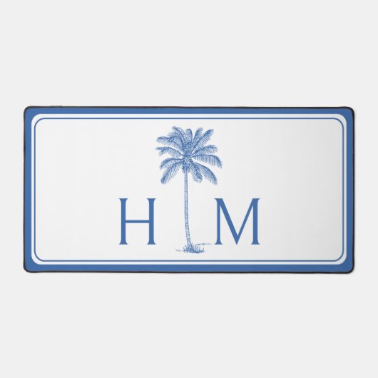 Blauw-witte palmboom Monogram Bureaumat (Voorkant)