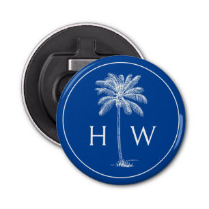 Blauw-witte palmboom Monogram Button Flesopener