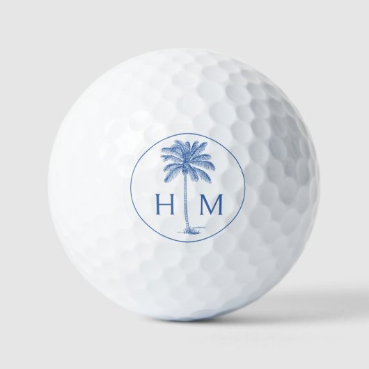 Blauw-witte palmboom Monogram Golfballen (Voorkant)
