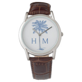 Blauw-witte palmboom Monogram Horloge