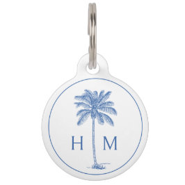 Blauw-witte palmboom Monogram Huisdierpenning