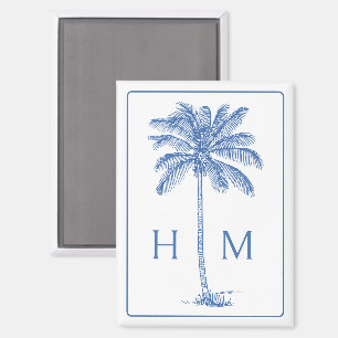 Blauw-witte palmboom Monogram Magneet