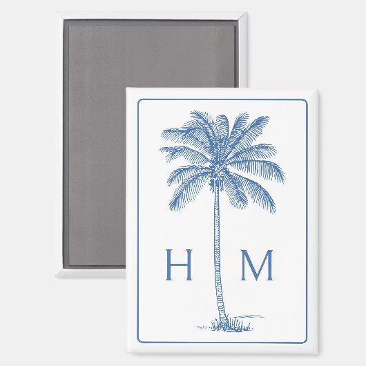 Blauw-witte palmboom Monogram Magneet (Voorkant / Achterkant)