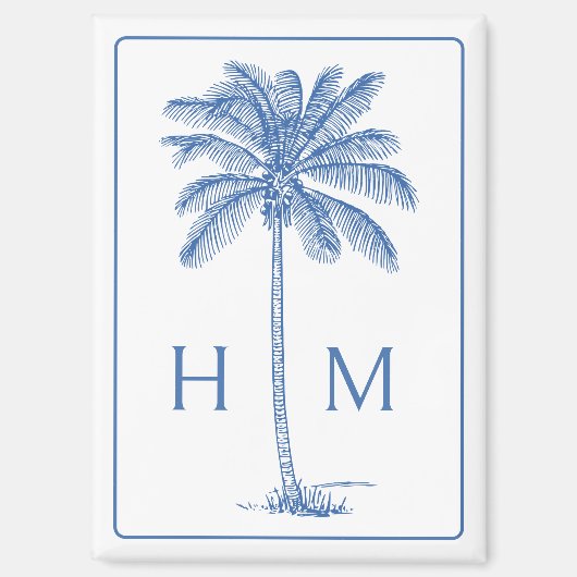 Blauw-witte palmboom Monogram Magneet (Voorkant)