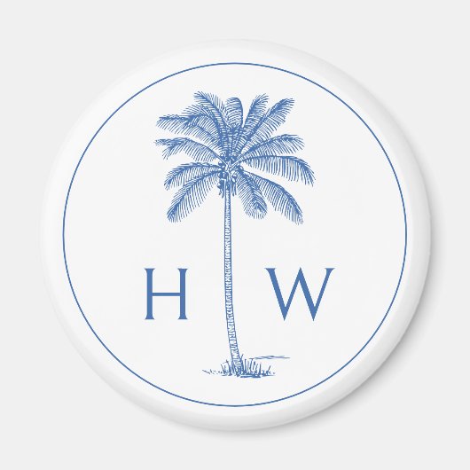 Blauw-witte palmboom Monogram Magneet (Voorkant)