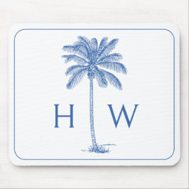 Blauw-witte palmboom Monogram Muismat