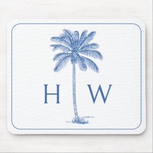 Blauw-witte palmboom Monogram Muismat