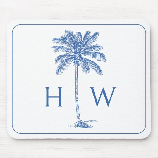 Blauw-witte palmboom Monogram Muismat (Voorkant)