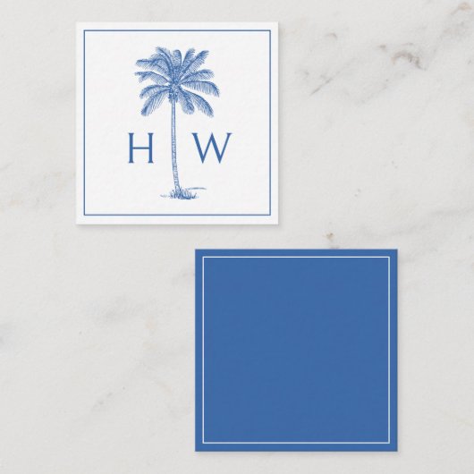 Blauw-witte palmboom Monogram Notitiekaartje (Voorkant / Achterkant)