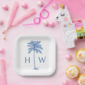 Blauw-witte palmboom Monogram Papieren Bordje (Feest)