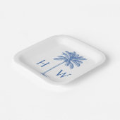 Blauw-witte palmboom Monogram Papieren Bordje (Gebogen)
