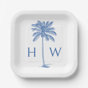 Blauw-witte palmboom Monogram Papieren Bordje