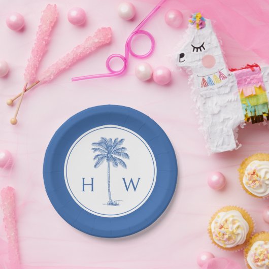 Blauw-witte palmboom Monogram Papieren Bordje (Feest)