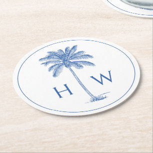 Blauw-witte palmboom Monogram Ronde Kartonnen Onderzetter