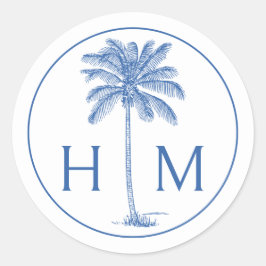 Blauw-witte palmboom Monogram Ronde Sticker
