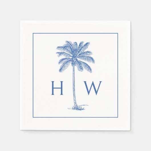 Blauw-witte palmboom Monogram Servet (Voorkant)