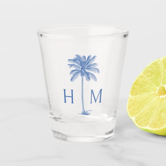 Blauw-witte palmboom Monogram Shot Glas (Voorkant)