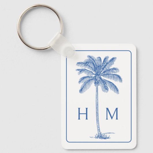 Blauw-witte palmboom Monogram Sleutelhanger (Voorkant)