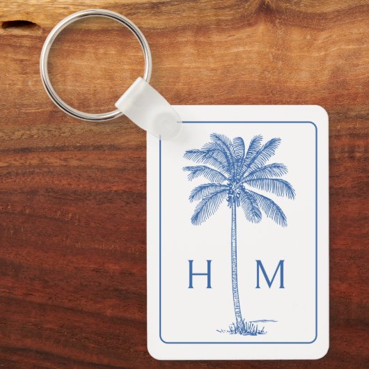 Blauw-witte palmboom Monogram Sleutelhanger (Voorkant)
