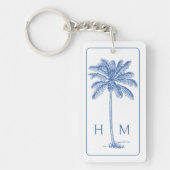 Blauw-witte palmboom Monogram Sleutelhanger (Voorkant)