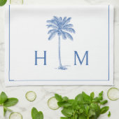 Blauw-witte palmboom Monogram Theedoek (Gevouwen)