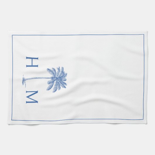 Blauw-witte palmboom Monogram Theedoek (Horizontaal)