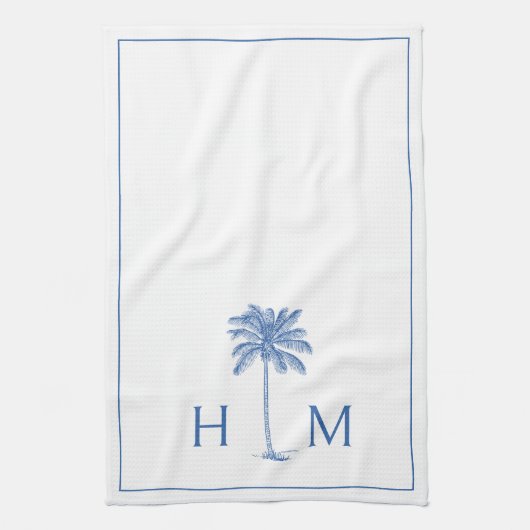 Blauw-witte palmboom Monogram Theedoek (Verticaal)