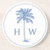 Blauw-witte palmboom Monogram Zandsteen Onderzetter (Voorkant)