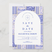 Blauw Witte Patchwork Toile Bruiloft Save The Date (Voorkant)