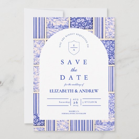 Blauw Witte Patchwork Toile Bruiloft Save The Date (Voorkant)