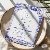 Blauw Witte Patchwork Toile Bruiloft Save The Date