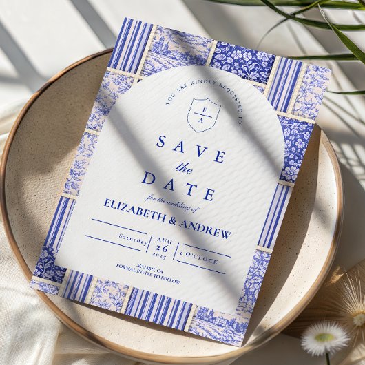 Blauw Witte Patchwork Toile Bruiloft Save The Date