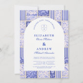 Blauw Witte Patchwork Toile Trouwfeest Kaart (Voorkant)