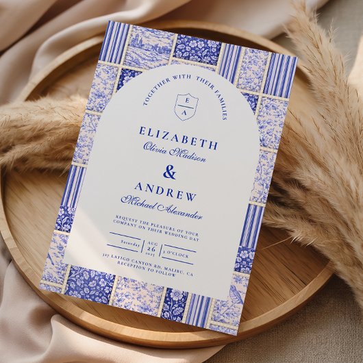 Blauw Witte Patchwork Toile Trouwfeest Kaart