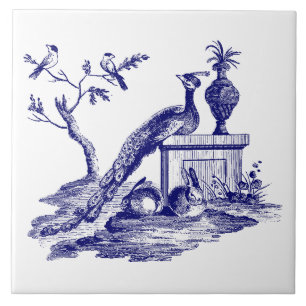 Blauw-witte pauw & konijnen tegeltje