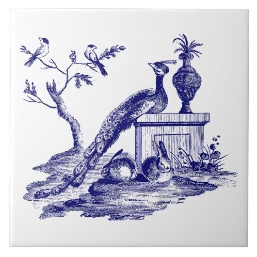 Blauw-witte pauw & konijnen tegeltje (Voorkant)