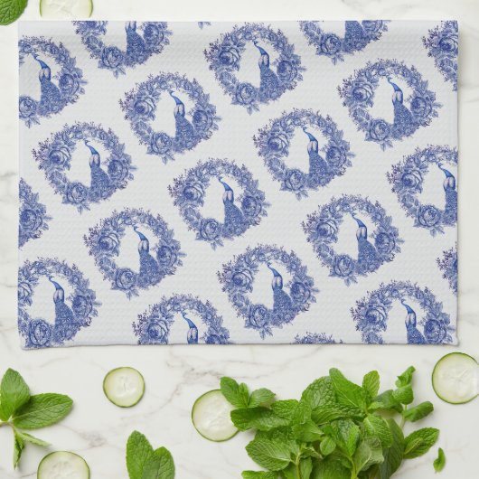 Blauw Witte Pauw Roos Theedoek (Gevouwen)
