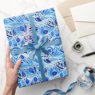 Blauw Witte Pauwveren Bruidsdouche Cadeaupapier