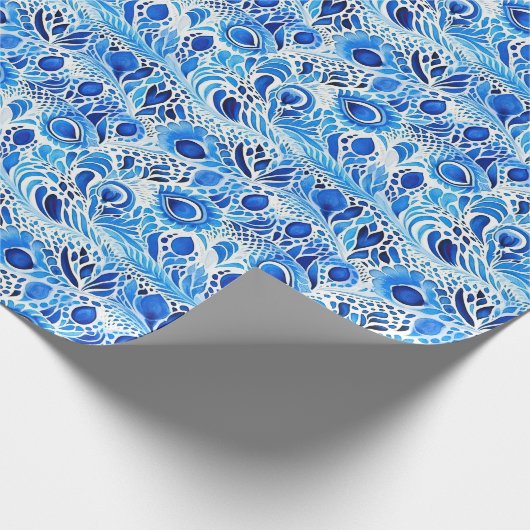 Blauw Witte Pauwveren Bruidsdouche Cadeaupapier (Hoek)