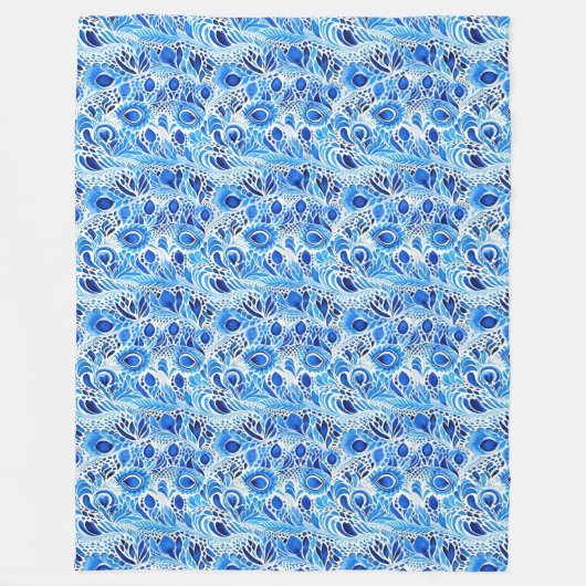 Blauw Witte Pauwveren Fleece Deken (Voorkant)