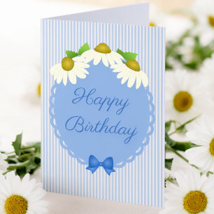 Blauw & Witte Pinstroken Met Bloemen Verjaardag Kaart