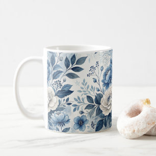 Blauw & Witte Pioen Bloemenmok – Elegante Botanisc Koffiemok