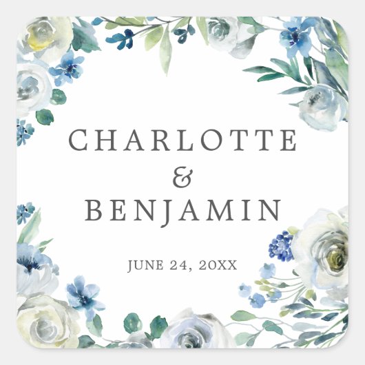 Blauw Witte Pioen Bloemige Aangepaste Lente Trouwd Vierkante Sticker (Voorkant)