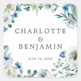 Blauw Witte Pioen Bloemige Aangepaste Lente Trouwd Vierkante Sticker