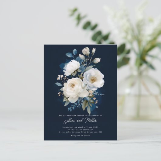 Blauw-witte pioen bruiloft briefkaart (Staand voorkant)