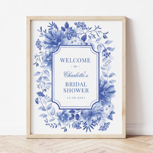 Blauw Witte Pioen Chinoiserie Bruiloftsontvangst Poster