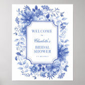 Blauw Witte Pioen Chinoiserie Bruiloftswelkom Poster (Voorkant)
