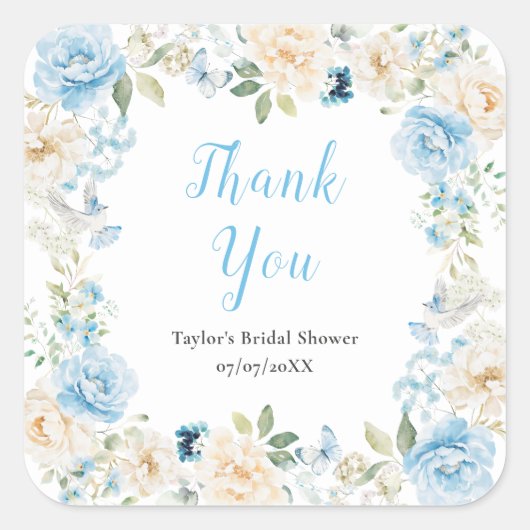 Blauw-witte pioen Vrijgezellenfeest Dank u Vierkante Sticker (Voorkant)